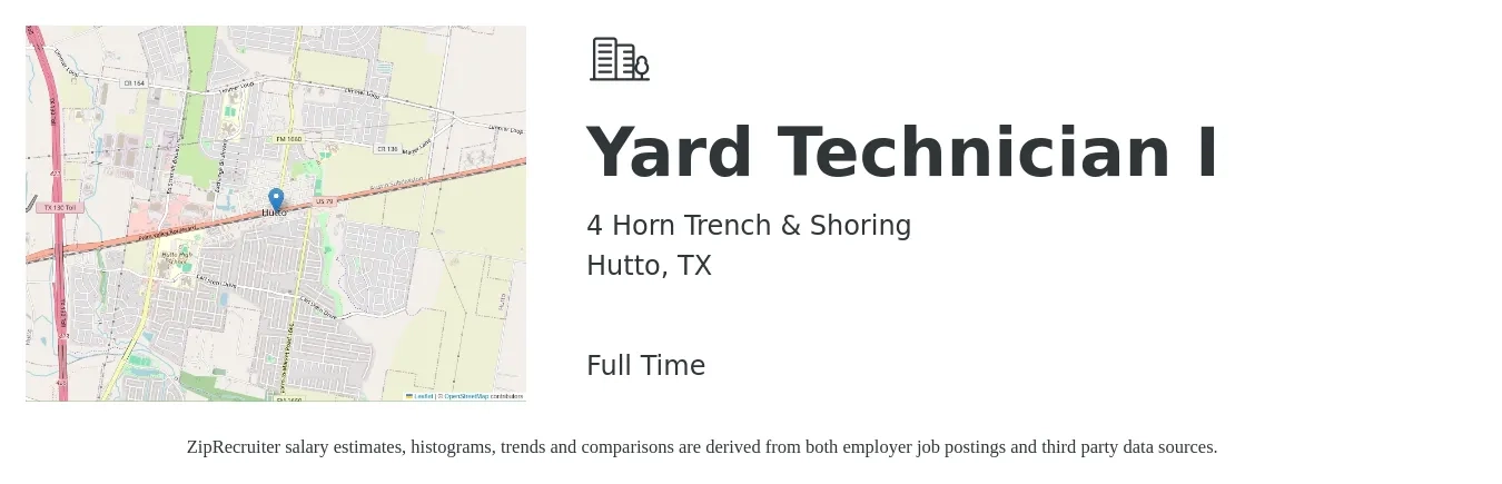 4 Horn Trench & Shoring job posting for a Yard Technician I in Hutto, TX with a salary of $16 to $20 Hourly with a map of Hutto location.