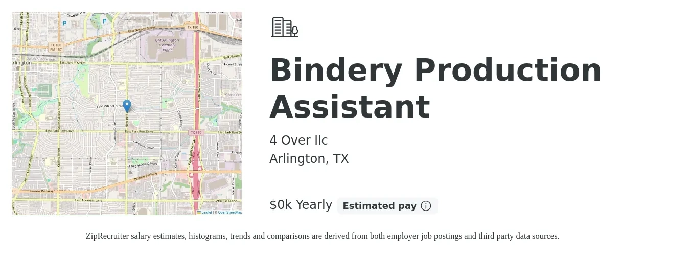 4 Over llc job posting for a Bindery Production Assistant in Arlington, TX with a salary of $15 to $18 Yearly with a map of Arlington location.
