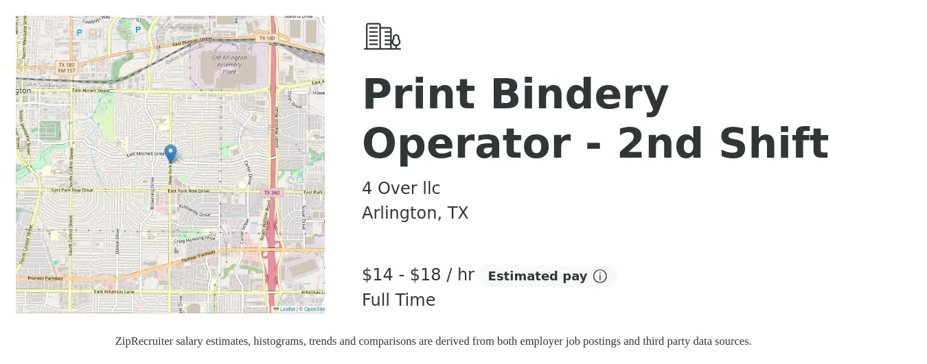 4 Over llc job posting for a Print Bindery Operator - 2nd Shift in Arlington, TX with a salary of $15 to $19 Hourly with a map of Arlington location.