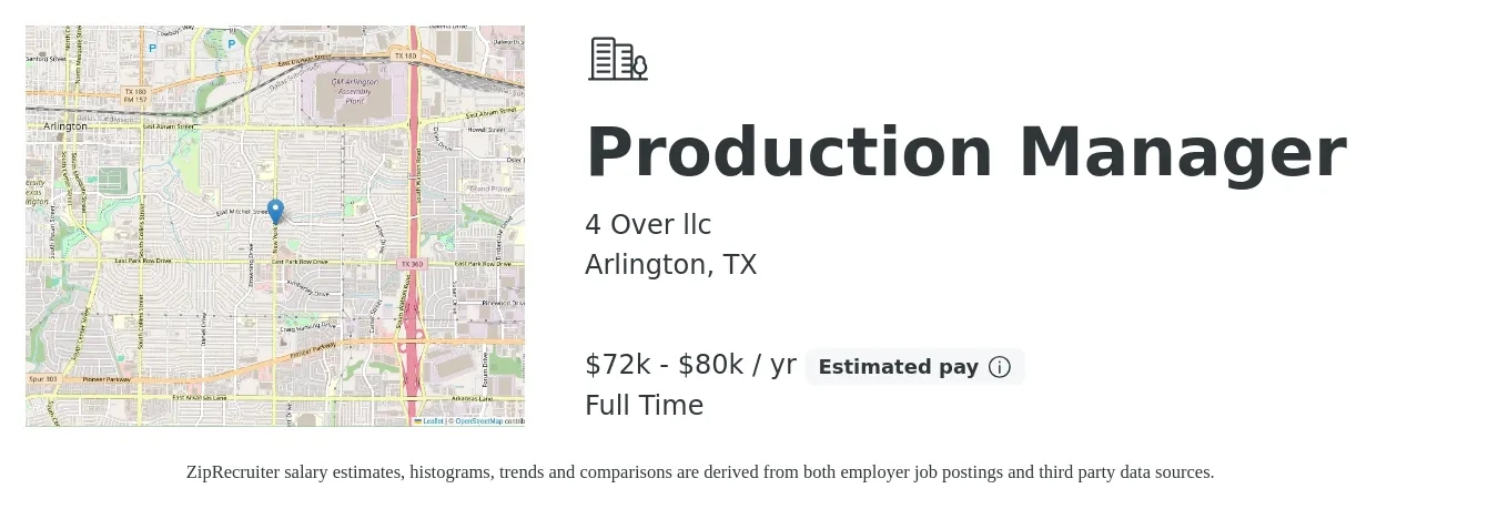 4 Over llc job posting for a Production Manager in Arlington, TX with a salary of $72,000 to $80,000 Yearly with a map of Arlington location.