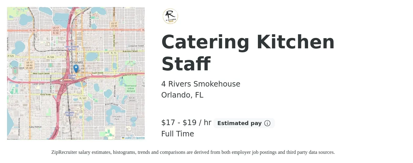 4 Rivers Smokehouse job posting for a Catering Kitchen Staff in Orlando, FL with a salary of $18 to $20 Hourly with a map of Orlando location.