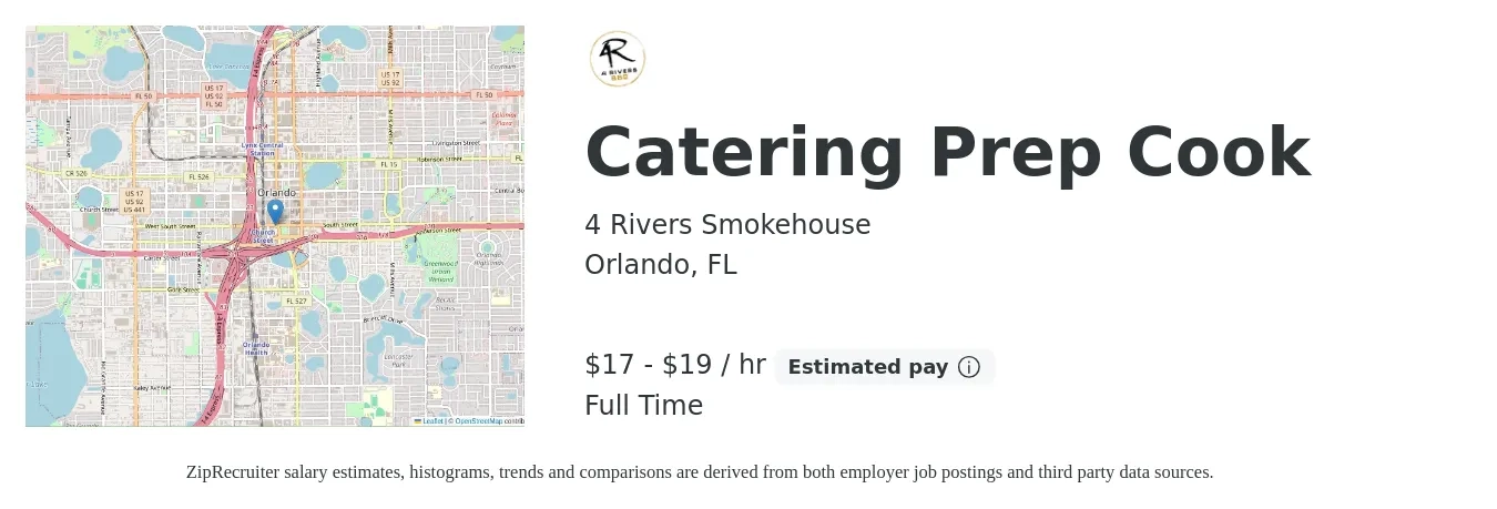 4 Rivers Smokehouse job posting for a Catering Prep Cook in Orlando, FL with a salary of $18 to $20 Hourly with a map of Orlando location.