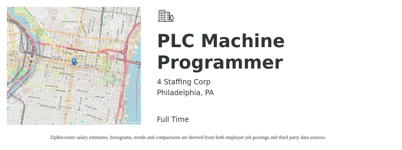4 Staffing Corp job posting for a PLC Machine Programmer in Philadelphia, PA with a salary of $68,600 to $93,300 Yearly with a map of Philadelphia location.