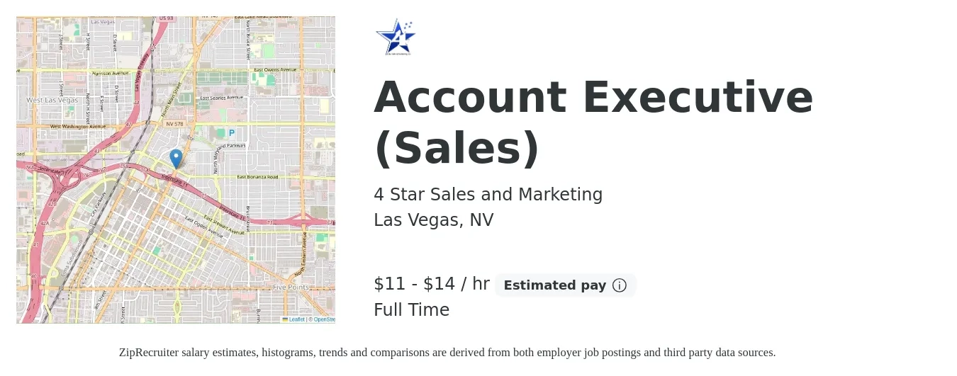 4 Star Sales and Marketing job posting for a Account Executive (Sales) in Las Vegas, NV with a salary of $12 to $15 Hourly (plus commission) with a map of Las Vegas location.