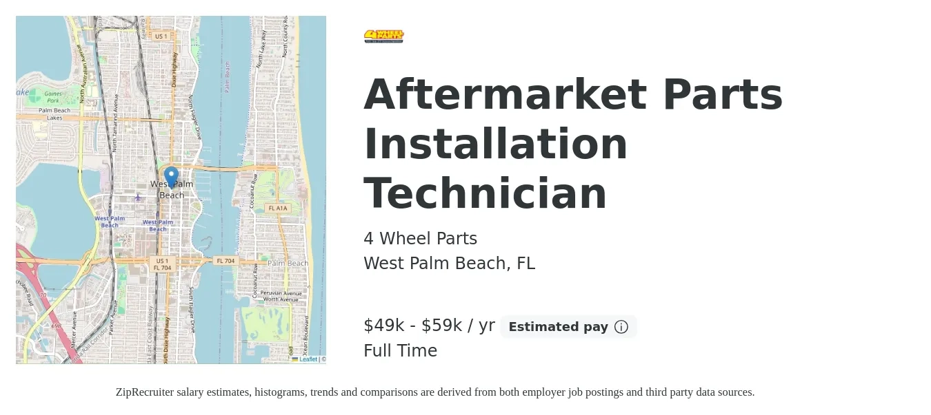 4 Wheel Parts job posting for a Aftermarket Parts Installation Technician in West Palm Beach, FL with a salary of $49,920 to $59,920 Yearly with a map of West Palm Beach location.