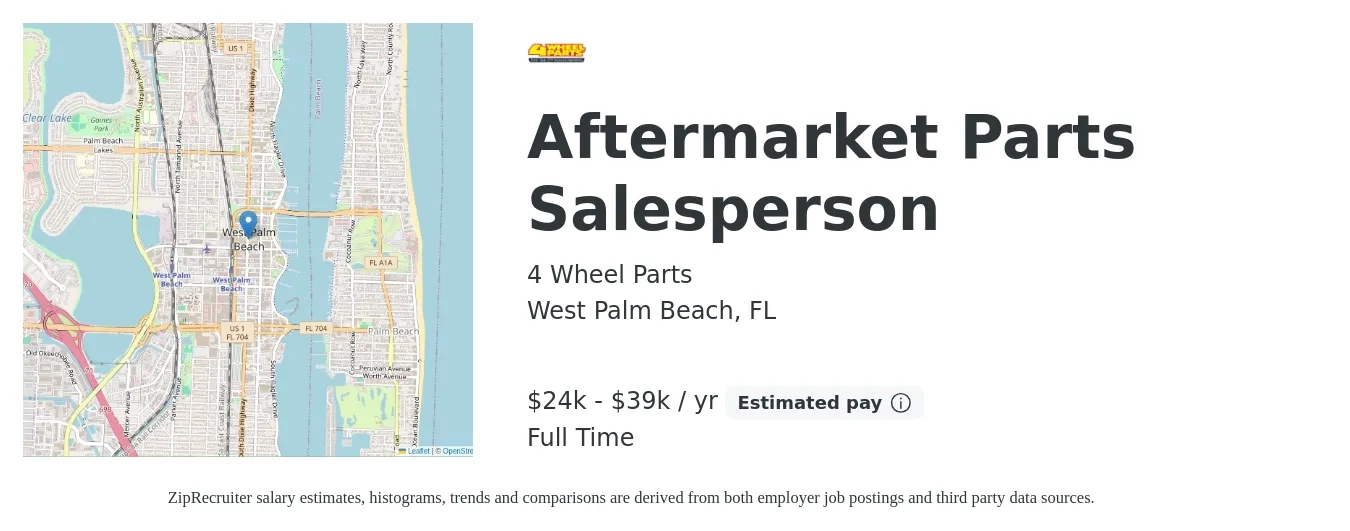 4 Wheel Parts job posting for a Aftermarket Parts Salesperson in West Palm Beach, FL with a salary of $24,960 to $39,200 Yearly with a map of West Palm Beach location.