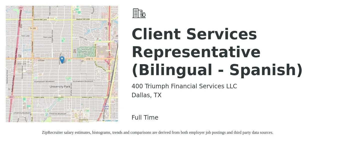 400 Triumph Financial Services LLC job posting for a Client Services Representative (Bilingual - Spanish) in Dallas, TX with a salary of $15 to $19 Hourly with a map of Dallas location.