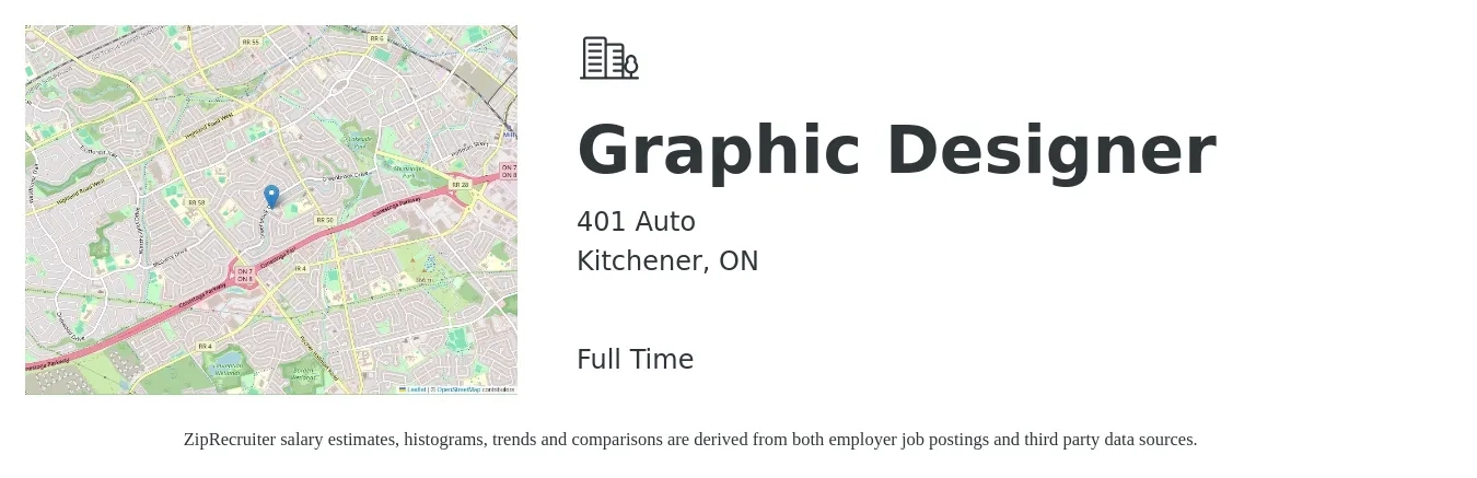 401 Auto job posting for a Graphic Designer in Kitchener, ON with a map of Kitchener location.