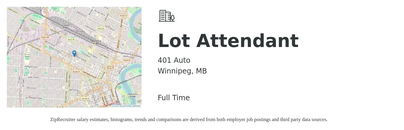 401 Auto job posting for a Lot Attendant in Winnipeg, MB with a map of Winnipeg location.