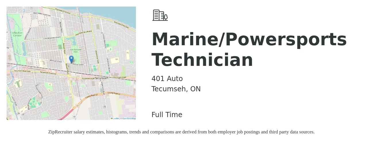 401 Auto job posting for a Marine/Powersports Technician in Tecumseh, ON with a map of Tecumseh location.