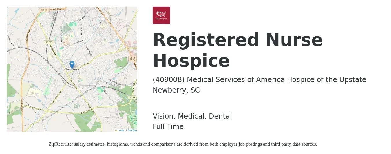 (409008) Medical Services of America Hospice of the Upstate job posting for a Registered Nurse Hospice in Newberry, SC with a salary of $1,300 to $1,900 Weekly and benefits including retirement, vision, dental, and medical with a map of Newberry location.