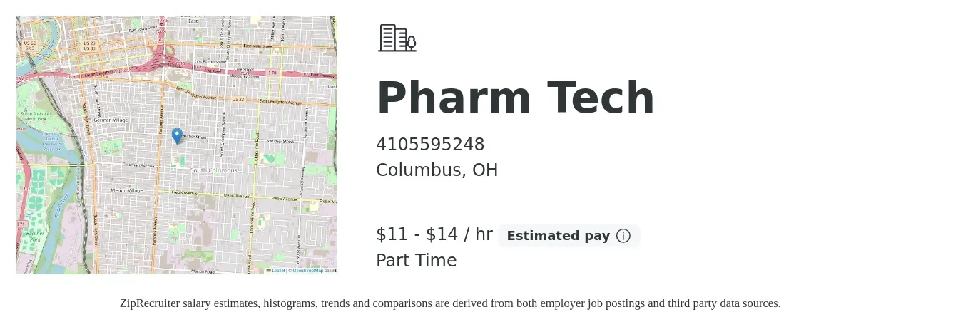 4105595248 job posting for a Pharm Tech in Columbus, OH with a salary of $12 to $15 Hourly with a map of Columbus location.