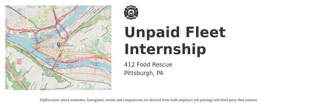 412 Food Rescue job posting for a Unpaid Fleet Internship in Pittsburgh, PA with a salary of $16 to $21 Hourly with a map of Pittsburgh location.