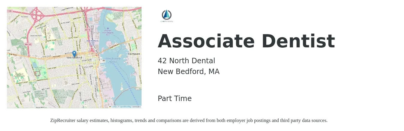42 North Dental job posting for a Associate Dentist in New Bedford, MA with a salary of $42,500 to $214,800 Yearly with a map of New Bedford location.
