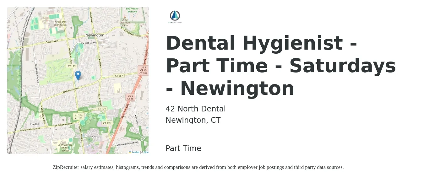 42 North Dental job posting for a Dental Hygienist - Part Time - Saturdays - Newington in Newington, CT with a salary of $38 to $50 Hourly with a map of Newington location.