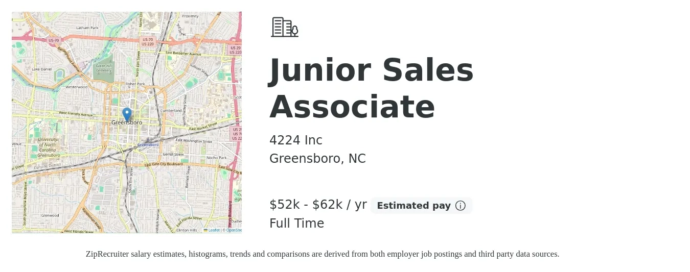4224 Inc job posting for a Junior Sales Associate in Greensboro, NC with a salary of $52,000 to $62,000 Yearly with a map of Greensboro location.