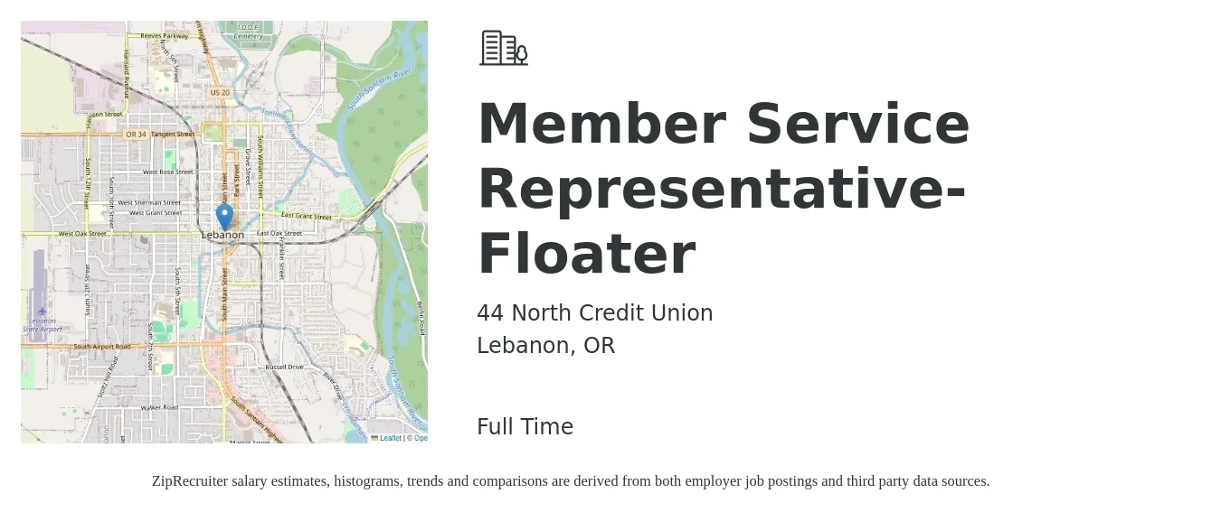 44 North Credit Union job posting for a Member Service Representative-Floater in Lebanon, OR with a salary of $17 Hourly with a map of Lebanon location.