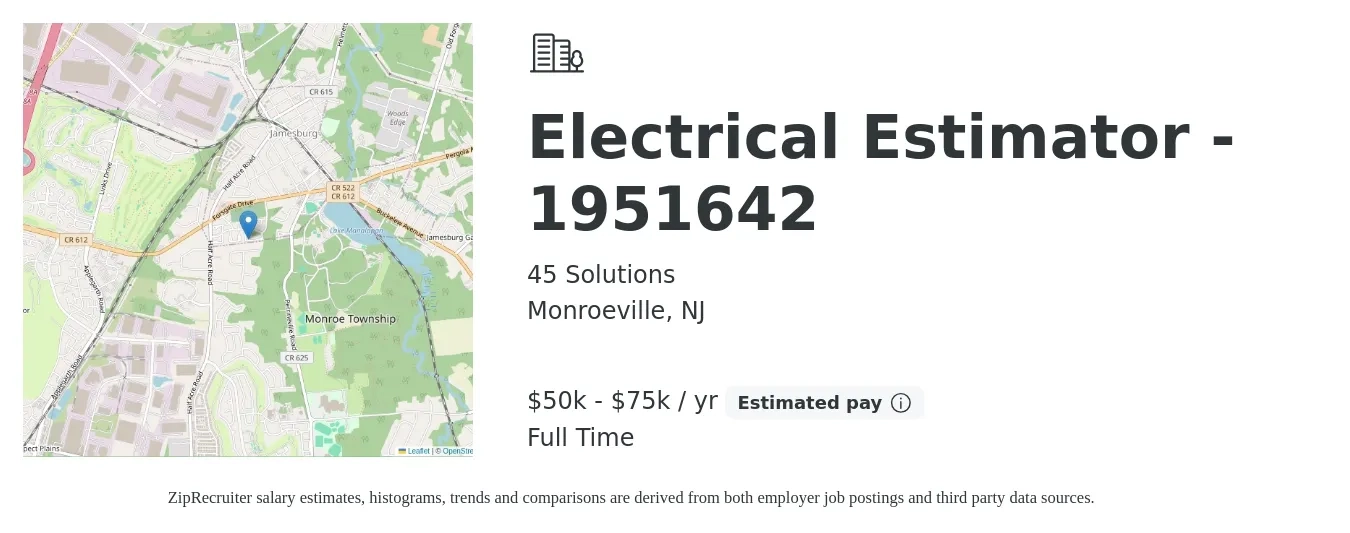 45 Solutions job posting for a Electrical Estimator - 1951642 in Monroeville, NJ with a salary of $70,400 to $106,000 Yearly with a map of Monroeville location.