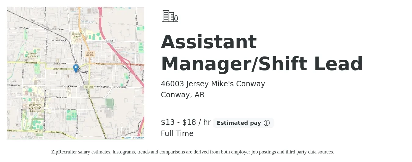 46003 Jersey Mike's Conway job posting for a Assistant Manager/Shift Lead in Conway, AR with a salary of $14 to $19 Hourly with a map of Conway location.