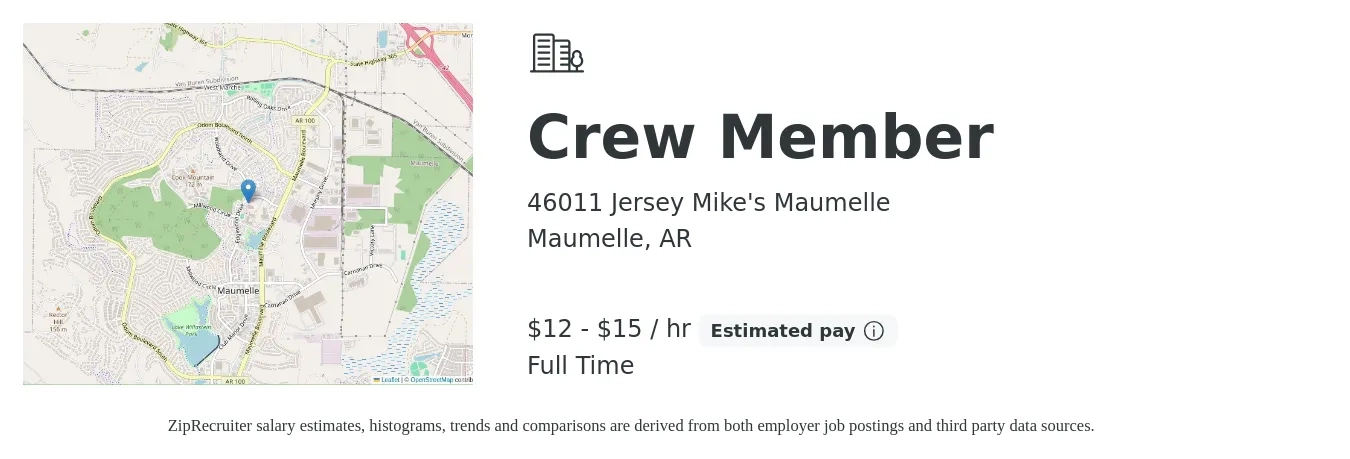 46011 Jersey Mike's Maumelle job posting for a Crew Member in Maumelle, AR with a salary of $14 to $17 Hourly with a map of Maumelle location.