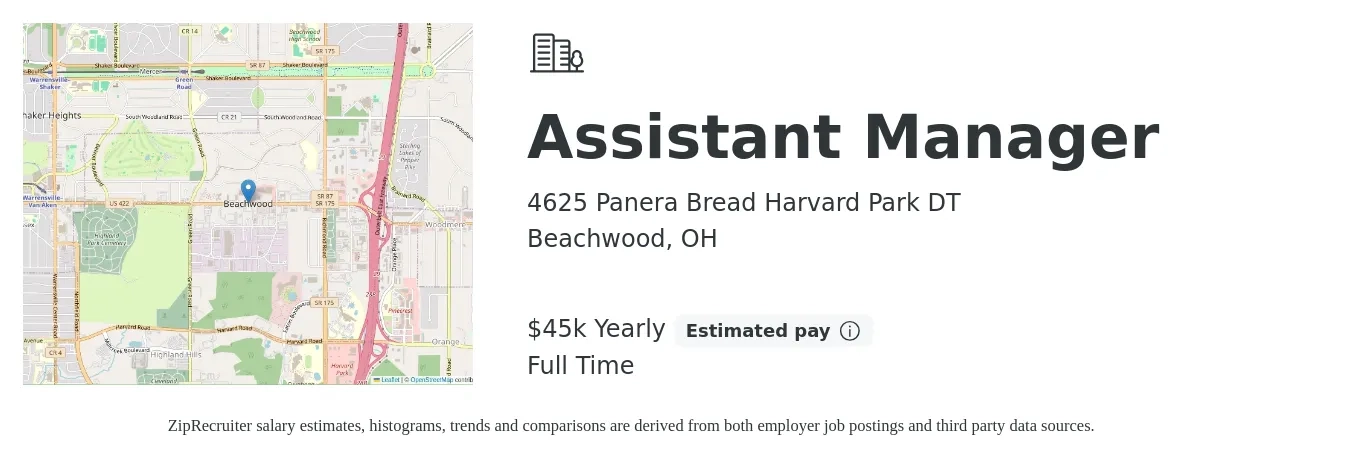 4625 Panera Bread Harvard Park DT job posting for a Assistant Manager in Beachwood, OH with a salary of $45,000 Yearly with a map of Beachwood location.