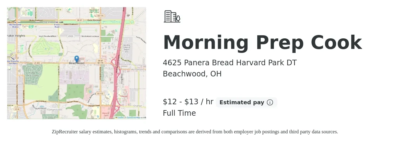 4625 Panera Bread Harvard Park DT job posting for a Morning Prep Cook in Beachwood, OH with a salary of $13 to $14 Hourly with a map of Beachwood location.