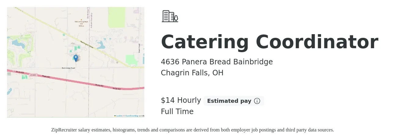 4636 Panera Bread Bainbridge job posting for a Catering Coordinator in Chagrin Falls, OH with a salary of $15 Hourly with a map of Chagrin Falls location.