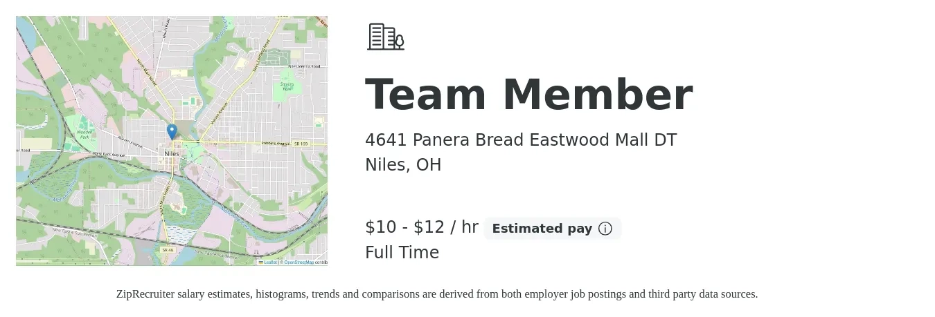 4641 Panera Bread Eastwood Mall DT job posting for a Team Member in Niles, OH with a salary of $11 to $13 Hourly with a map of Niles location.