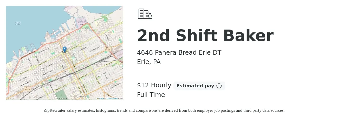 4646 Panera Bread Erie DT job posting for a 2nd Shift Baker in Erie, PA with a salary of $13 Hourly with a map of Erie location.