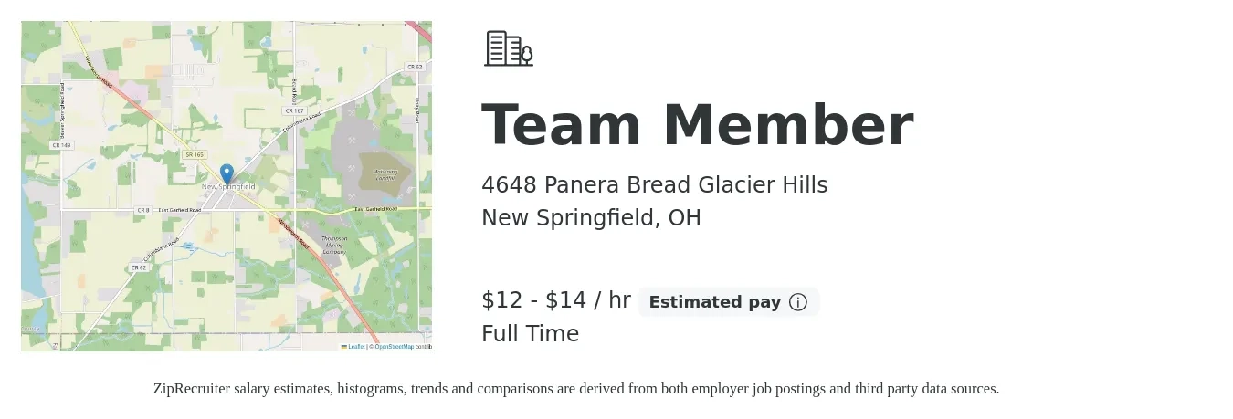 4648 Panera Bread Glacier Hills job posting for a Team Member in New Springfield, OH with a salary of $13 to $15 Hourly with a map of New Springfield location.