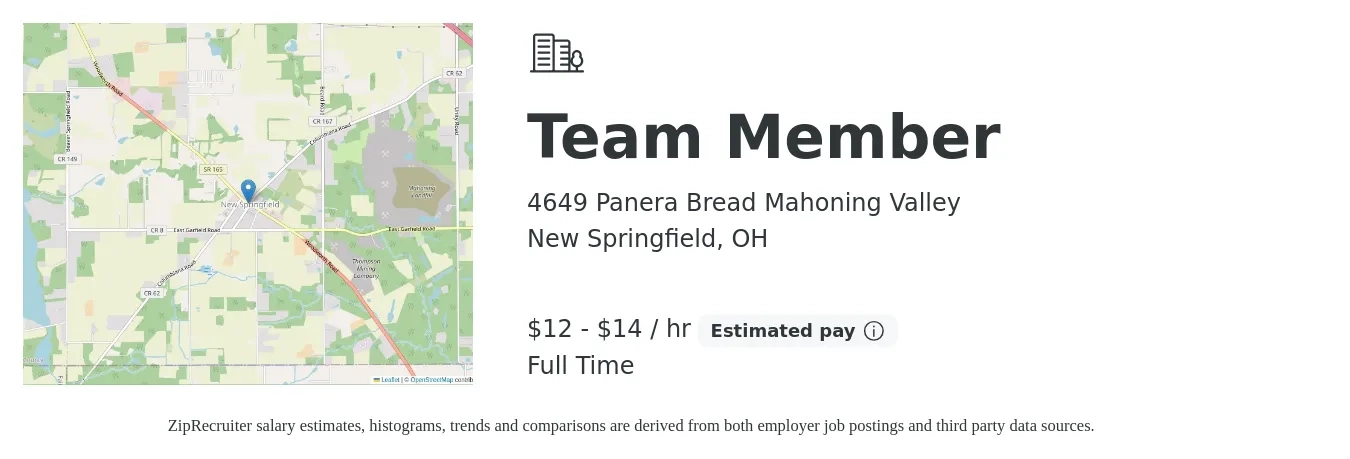 4649 Panera Bread Mahoning Valley job posting for a Team Member in New Springfield, OH with a salary of $13 to $15 Hourly with a map of New Springfield location.