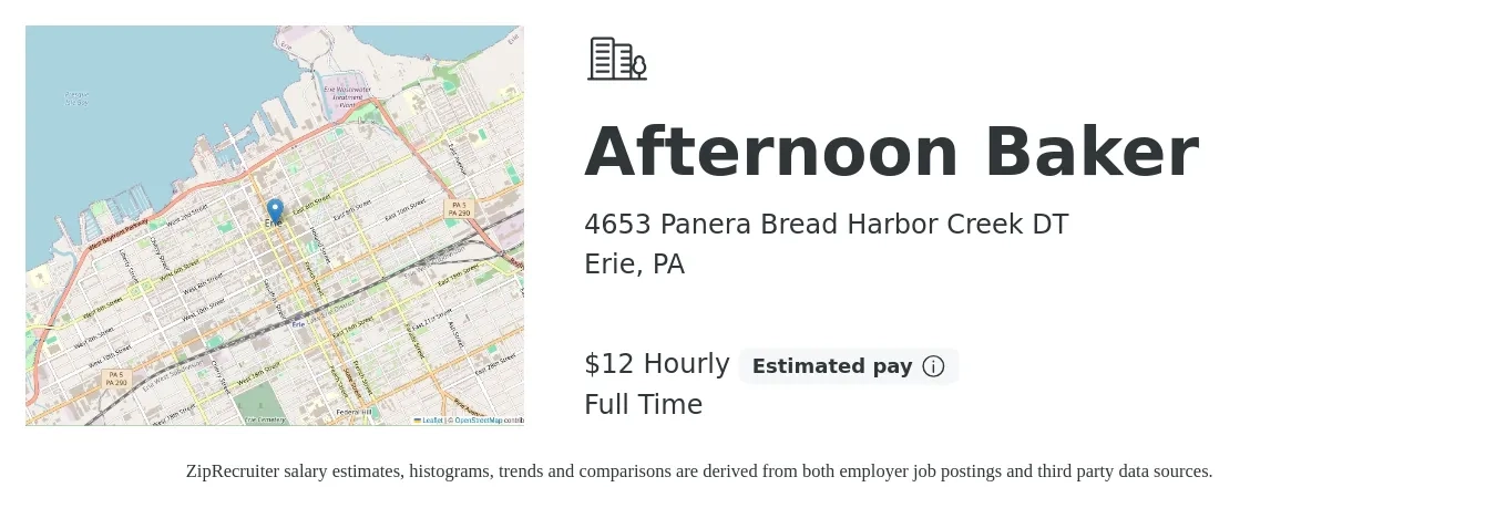 4653 Panera Bread Harbor Creek DT job posting for a Afternoon Baker in Erie, PA with a salary of $13 Hourly with a map of Erie location.