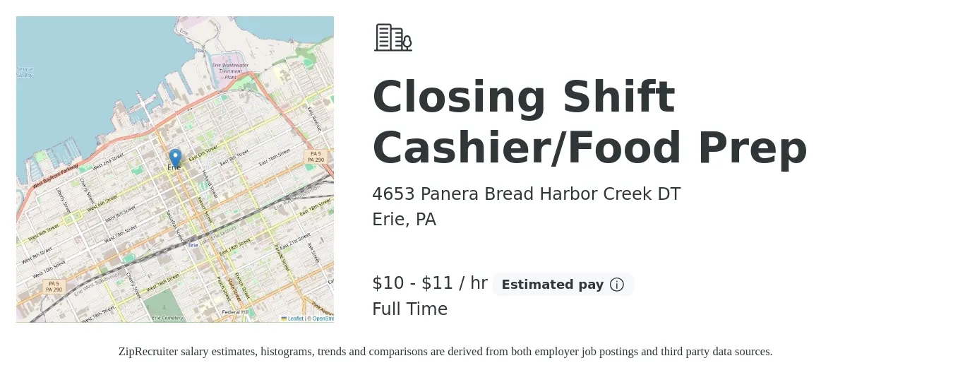 4653 Panera Bread Harbor Creek DT job posting for a Closing Shift Cashier/Food Prep in Erie, PA with a salary of $10 to $12 Hourly with a map of Erie location.