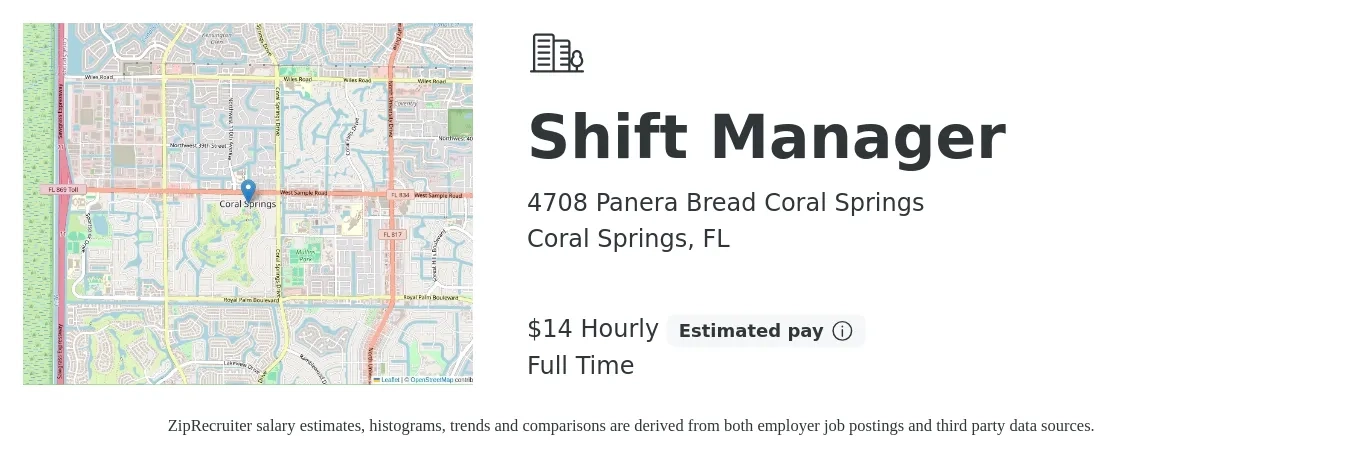 4708 Panera Bread Coral Springs job posting for a Shift Manager in Coral Springs, FL with a salary of $15 Hourly with a map of Coral Springs location.