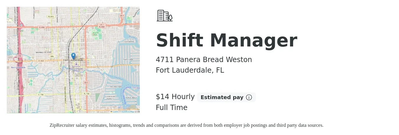 4711 Panera Bread Weston job posting for a Shift Manager in Fort Lauderdale, FL with a salary of $15 Hourly with a map of Fort Lauderdale location.