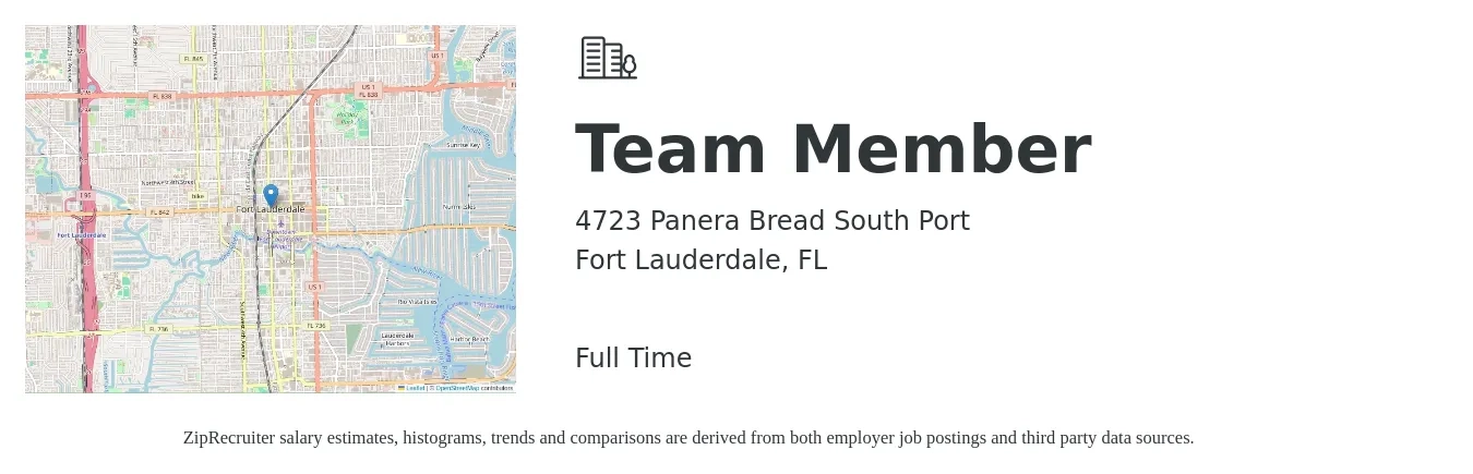 4723 Panera Bread South Port job posting for a Team Member in Fort Lauderdale, FL with a salary of $12 to $15 Hourly with a map of Fort Lauderdale location.