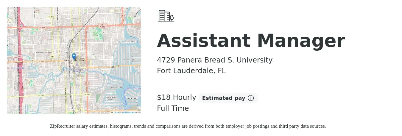 4729 Panera Bread S. University job posting for a Assistant Manager in Fort Lauderdale, FL with a salary of $16 to $24 Hourly with a map of Fort Lauderdale location.