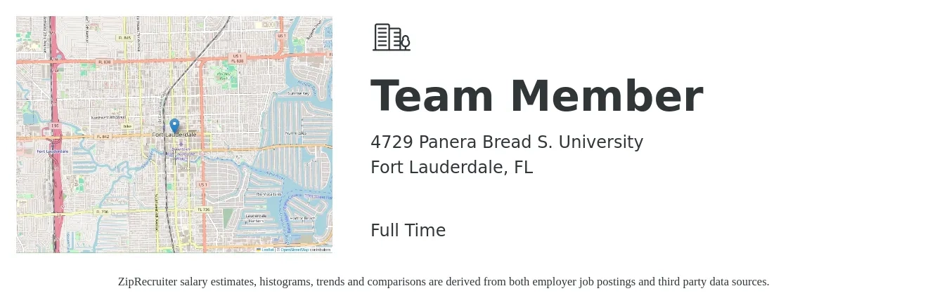 4729 Panera Bread S. University job posting for a Team Member in Fort Lauderdale, FL with a salary of $12 to $15 Hourly with a map of Fort Lauderdale location.