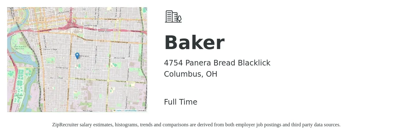 4754 Panera Bread Blacklick job posting for a Baker in Columbus, OH with a salary of $12 to $16 Hourly with a map of Columbus location.