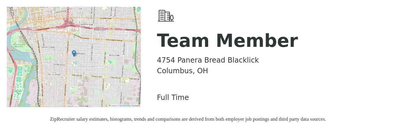 4754 Panera Bread Blacklick job posting for a Team Member in Columbus, OH with a salary of $12 to $15 Hourly with a map of Columbus location.