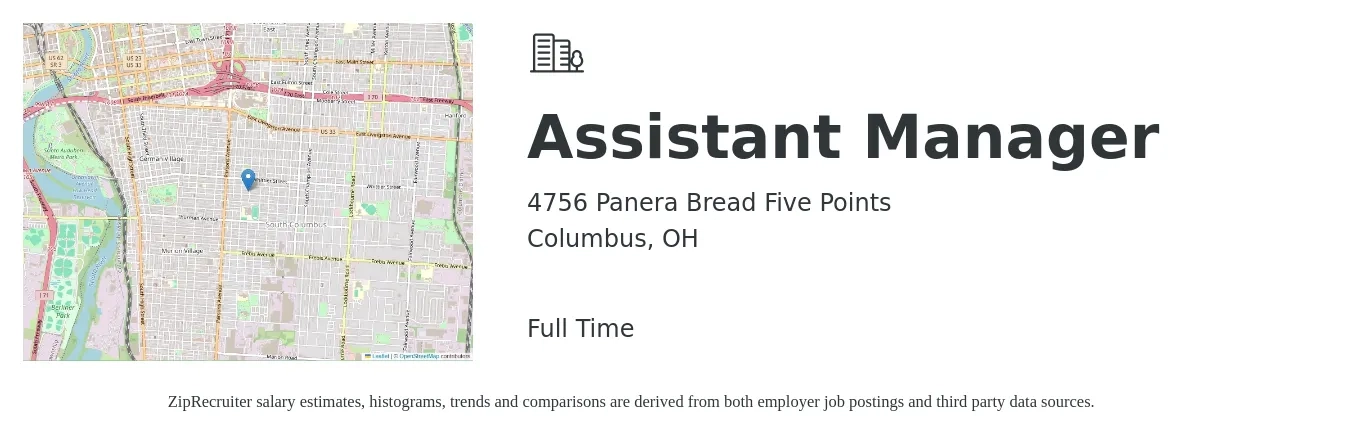 4756 Panera Bread Five Points job posting for a Assistant Manager in Columbus, OH with a salary of $16 to $24 Hourly with a map of Columbus location.