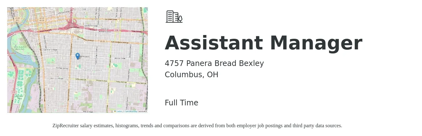4757 Panera Bread Bexley job posting for a Assistant Manager in Columbus, OH with a salary of $16 to $24 Hourly with a map of Columbus location.