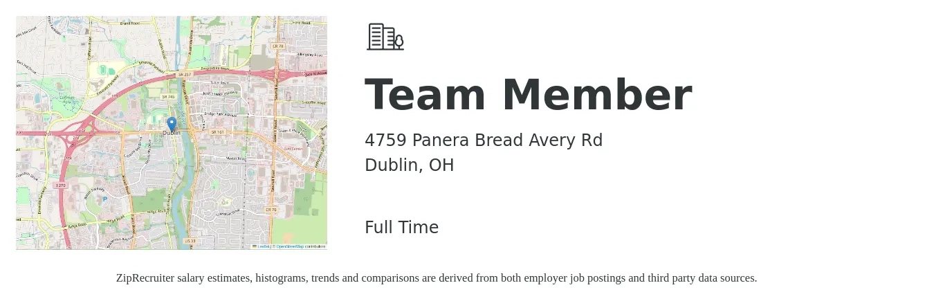 4759 Panera Bread Avery Rd job posting for a Team Member in Dublin, OH with a salary of $12 to $15 Hourly with a map of Dublin location.