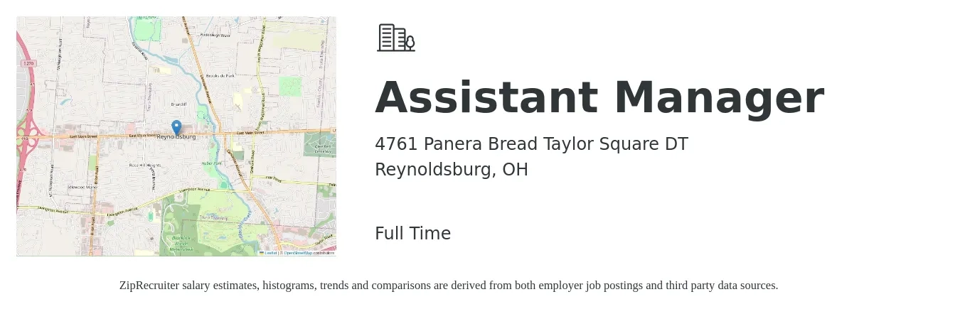 4761 Panera Bread Taylor Square DT job posting for a Assistant Manager in Reynoldsburg, OH with a salary of $15 to $23 Hourly with a map of Reynoldsburg location.