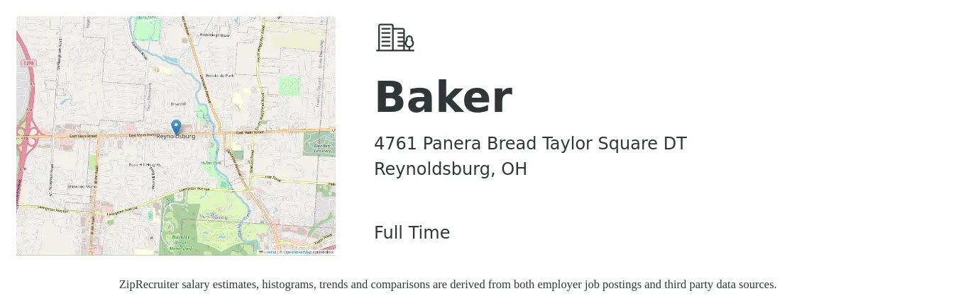 4761 Panera Bread Taylor Square DT job posting for a Baker in Reynoldsburg, OH with a salary of $12 to $16 Hourly with a map of Reynoldsburg location.