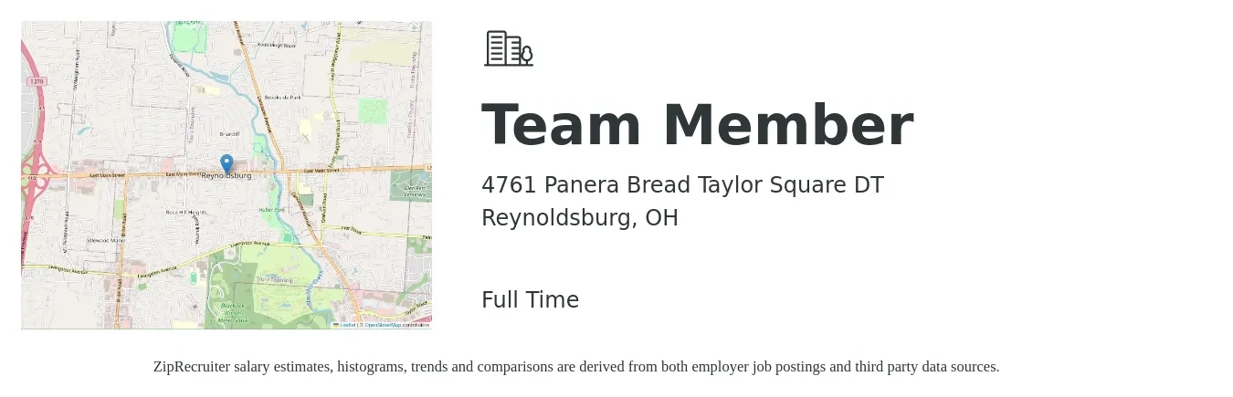 4761 Panera Bread Taylor Square DT job posting for a Team Member in Reynoldsburg, OH with a salary of $11 to $14 Hourly with a map of Reynoldsburg location.