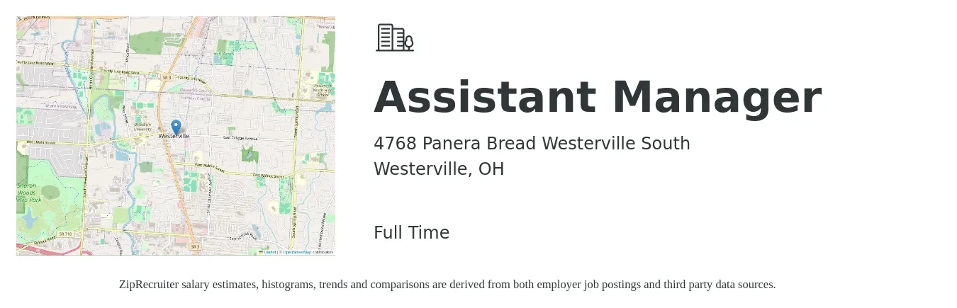 4768 Panera Bread Westerville South job posting for a Assistant Manager in Westerville, OH with a salary of $16 to $24 Hourly with a map of Westerville location.