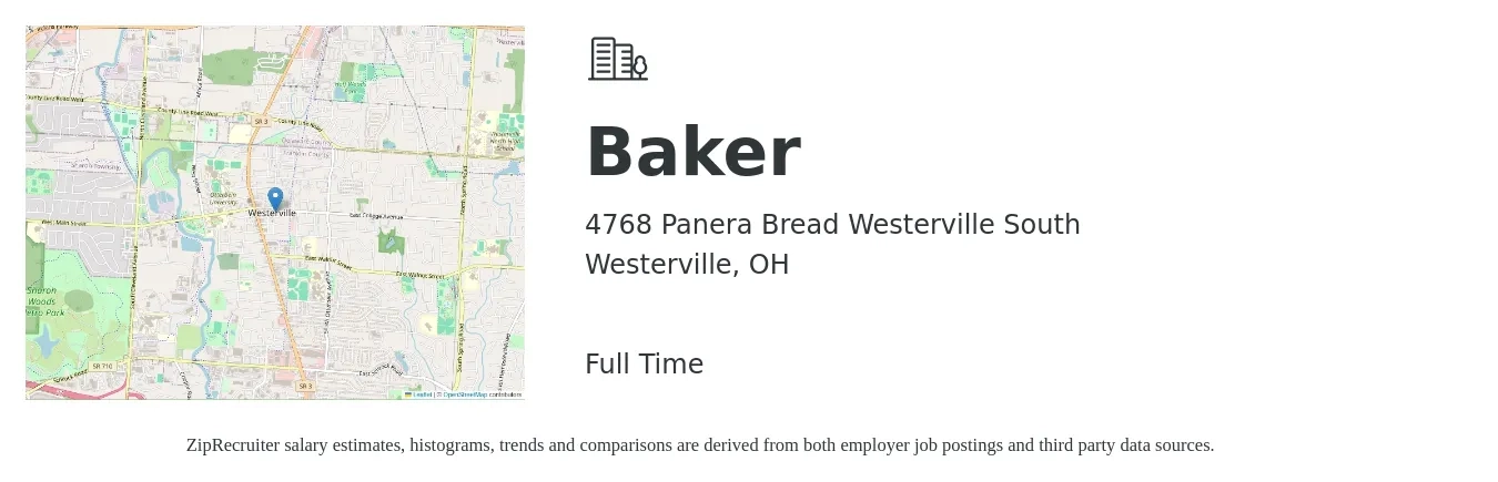 4768 Panera Bread Westerville South job posting for a Baker in Westerville, OH with a salary of $12 to $16 Hourly with a map of Westerville location.