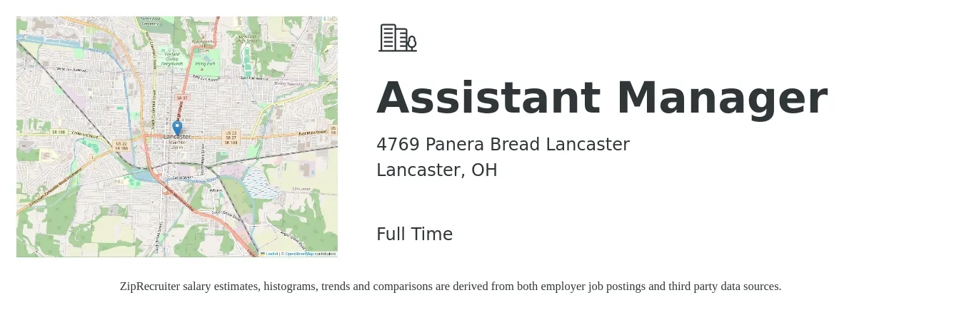 4769 Panera Bread Lancaster job posting for a Assistant Manager in Lancaster, OH with a salary of $15 to $23 Hourly with a map of Lancaster location.