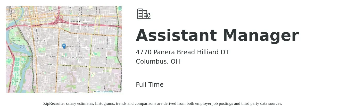 4770 Panera Bread Hilliard DT job posting for a Assistant Manager in Columbus, OH with a salary of $16 to $24 Hourly with a map of Columbus location.
